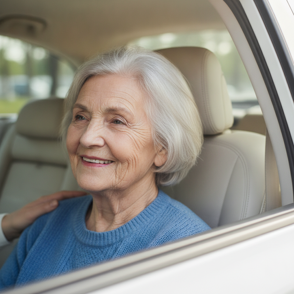 transportation assistance for elders - only the elder's face should be seen and not the caregiver's
